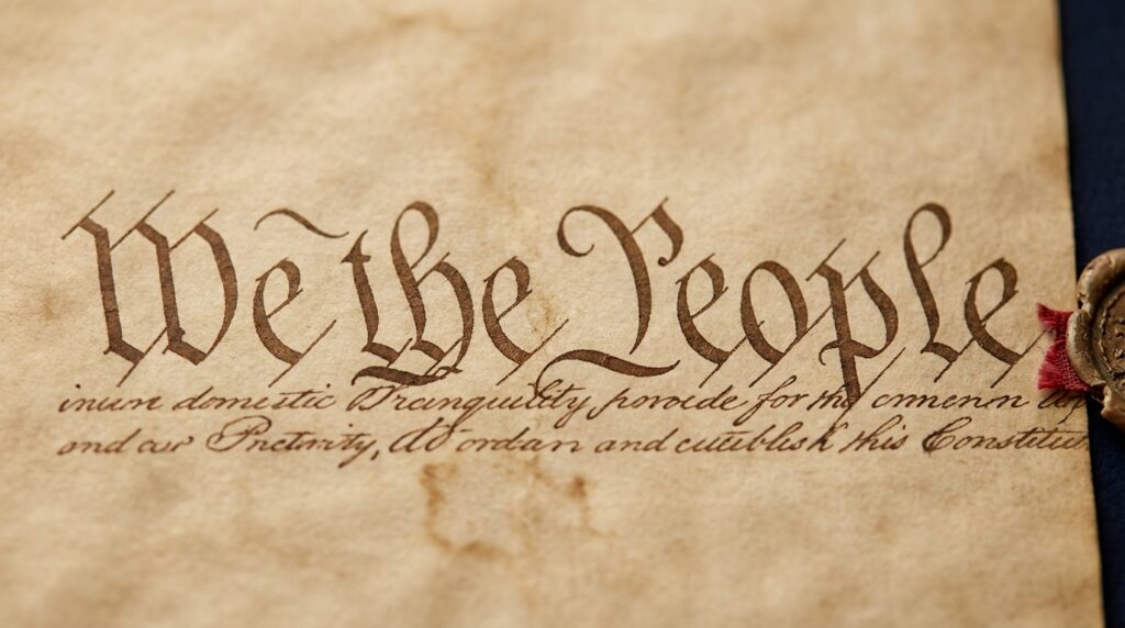 What are the exact three words which the Constitution begins?